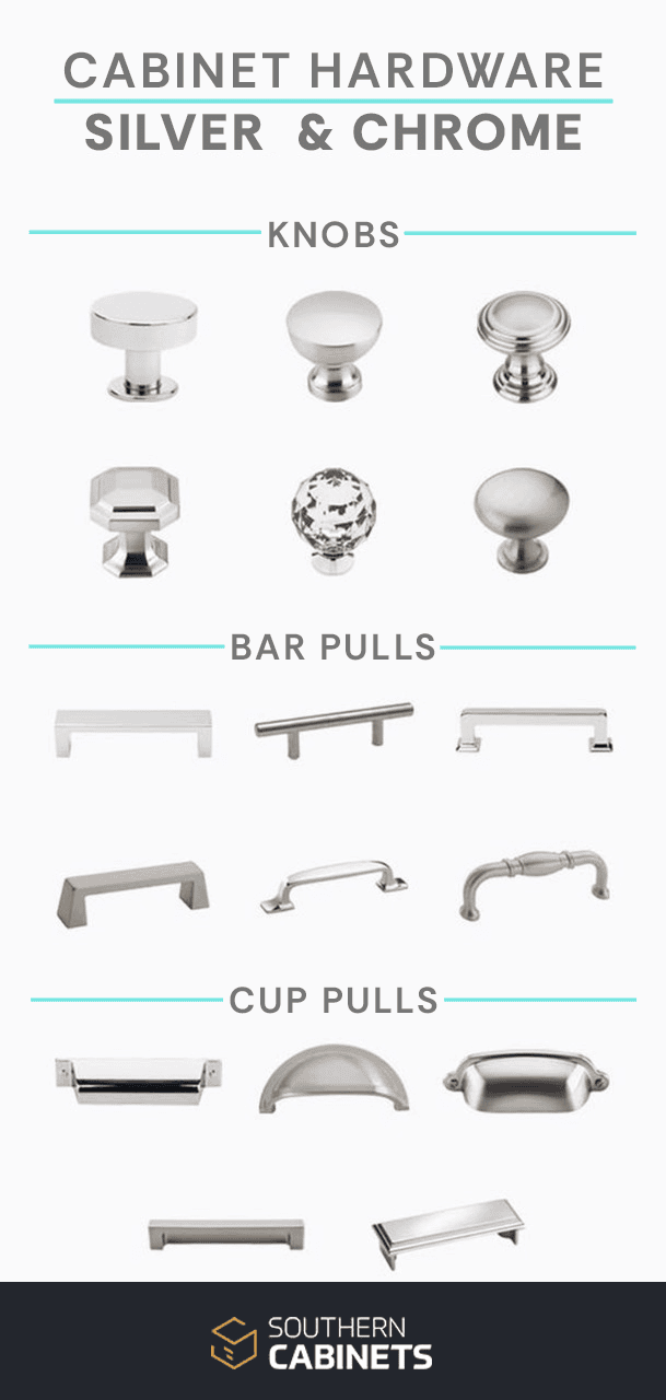 Display of cabinet hardware in Charleston, SC including different designs of knobs, bar pulls, and cup pulls