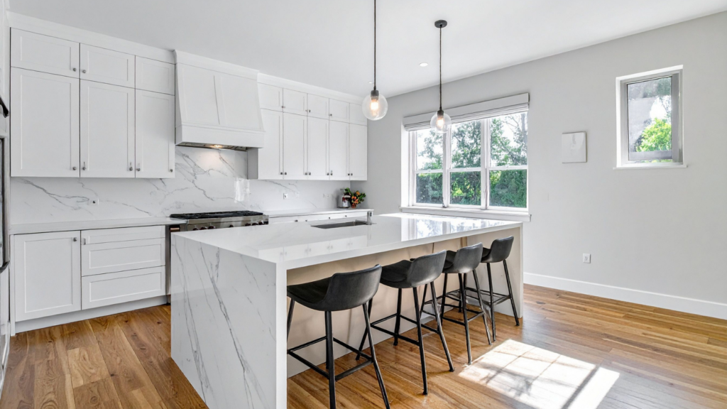 Modern white kitchen cabinets with a marble waterfall island and gold accents by Southern Cabinets in Myrtle Beach.