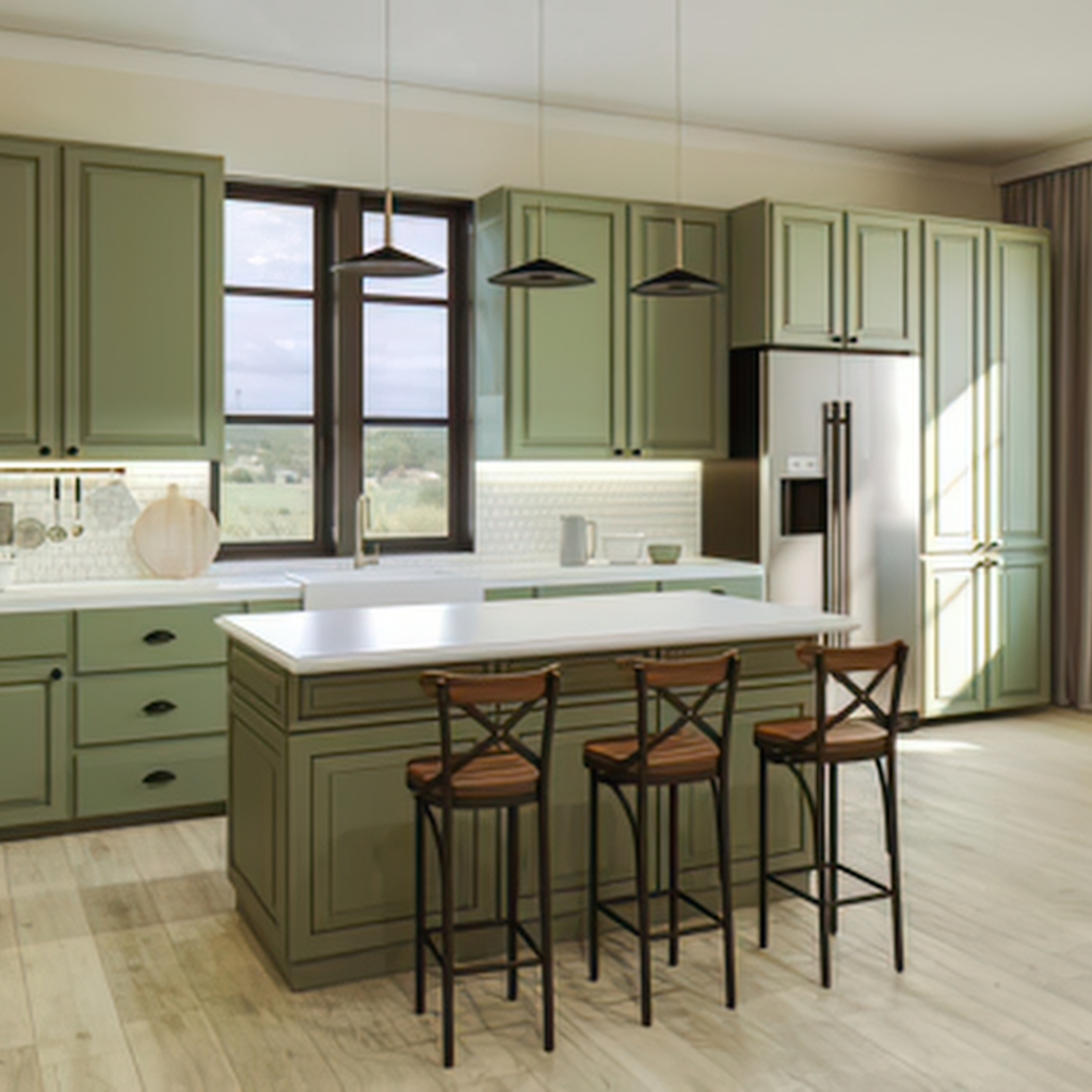 Custom sage green kitchen cabinets with an island and traditional wooden bar stools in a South Carolina home.