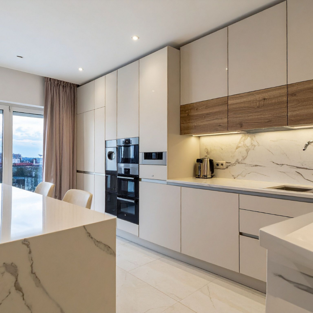 Luxury two-tone kitchen featuring cream floor-to-ceiling cabinets and natural wood accents with integrated appliances.