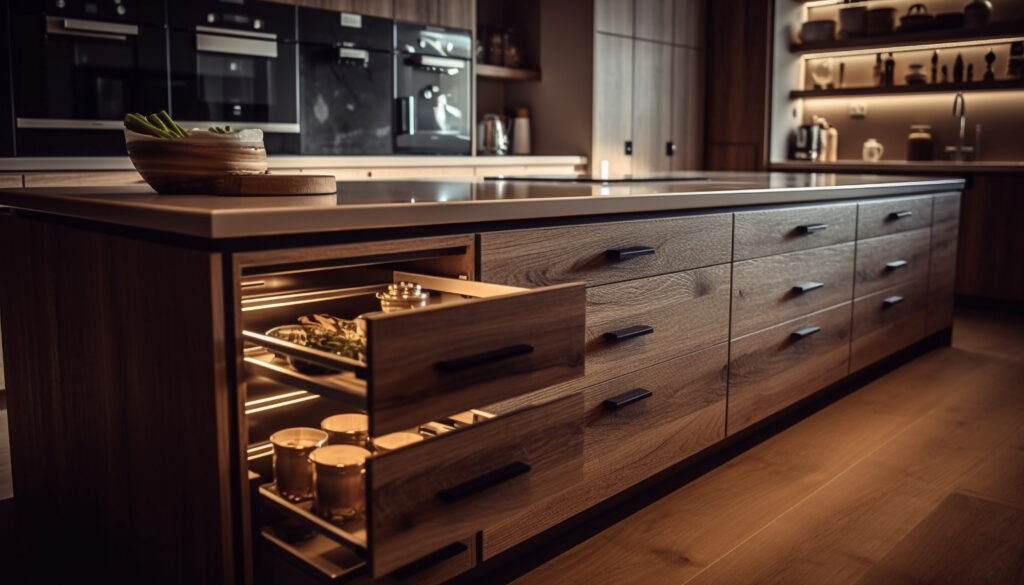 Smart storage, appliance organization, and high-end finishes.