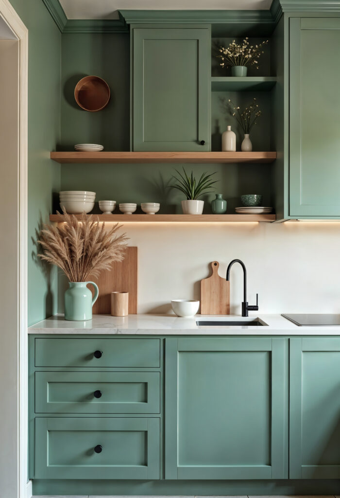 Modern teal kitchen cabinets with open wood shelving in a Myrtle Beach home remodel.