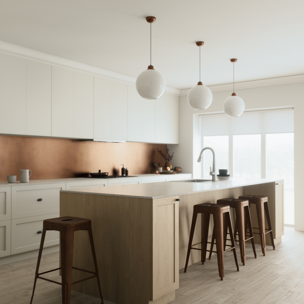 White shaker kitchen cabinets and natural wood island from a top cabinet store in Charleston SC.