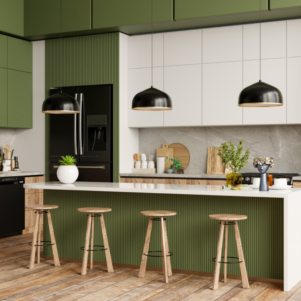 Fusion hunter green kitchen cabinets mixed with white upper cabinetry in a Charleston home remodel