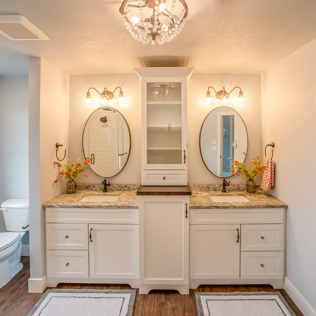 White custom bathroom cabinets with a granite countertop and an upper glass-front display cabinet from a cabinet store in Myrtle Beach.