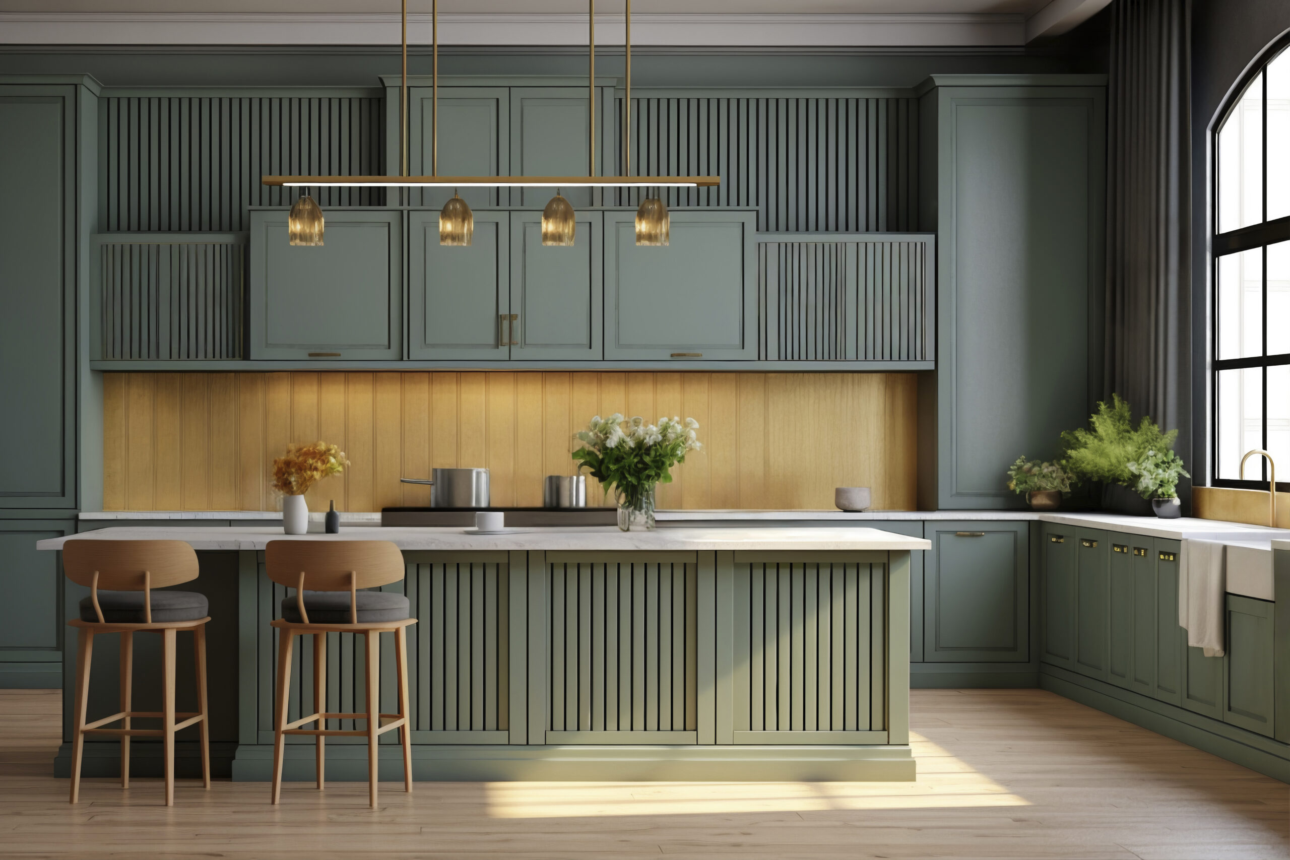 Sage green two-tone kitchen with fluted cabinet panels, wood backsplash, brass pendant lighting, marble island countertop, and wooden bar stools.